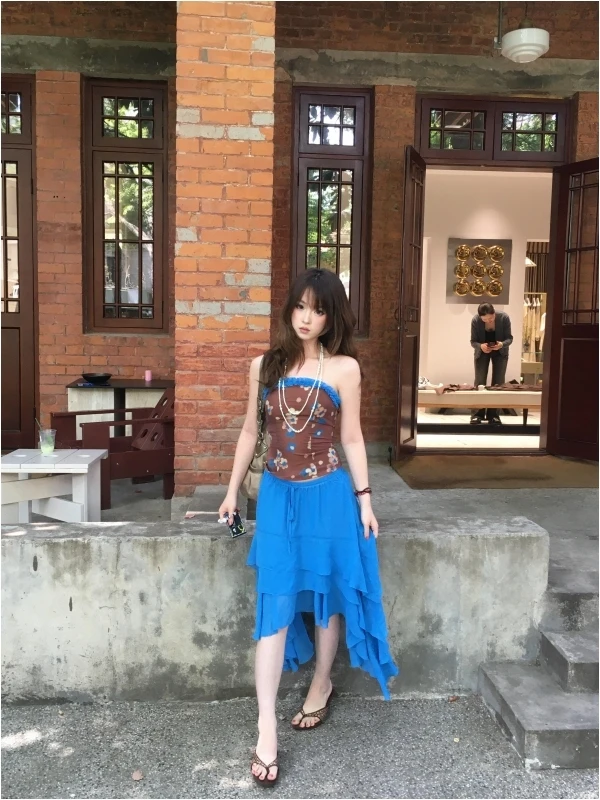 

New American Pure Desire Retro Printed Color Block Crop Top And Long Skirt Two Piece Set Women's Fashion Summer Outfit
