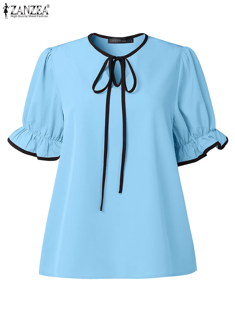 

Women Summer OL Work Blouses ZANZEA Elegant Office Shirt Stylish Solid TunicCasual Loose Tops Female Short Sleeve O Neck Blusas