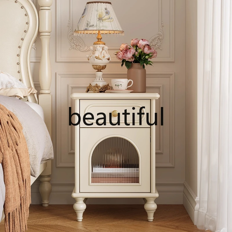 French bedside table, bedroom creamy white American home against the wall storage locker