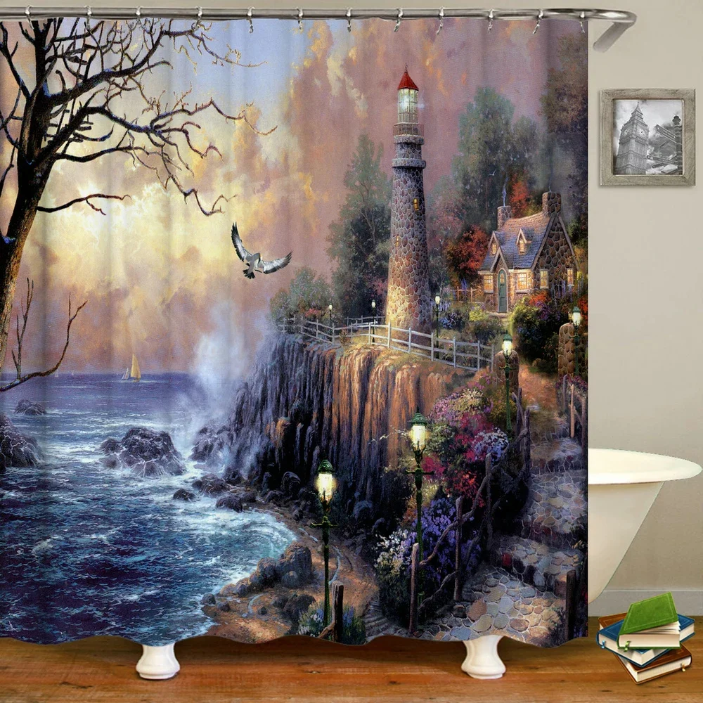 

Mountain Castle Bathroom Shower curtain Castle Road Landscape Shower curtain Bathtub Partition Waterproof Home Decoration