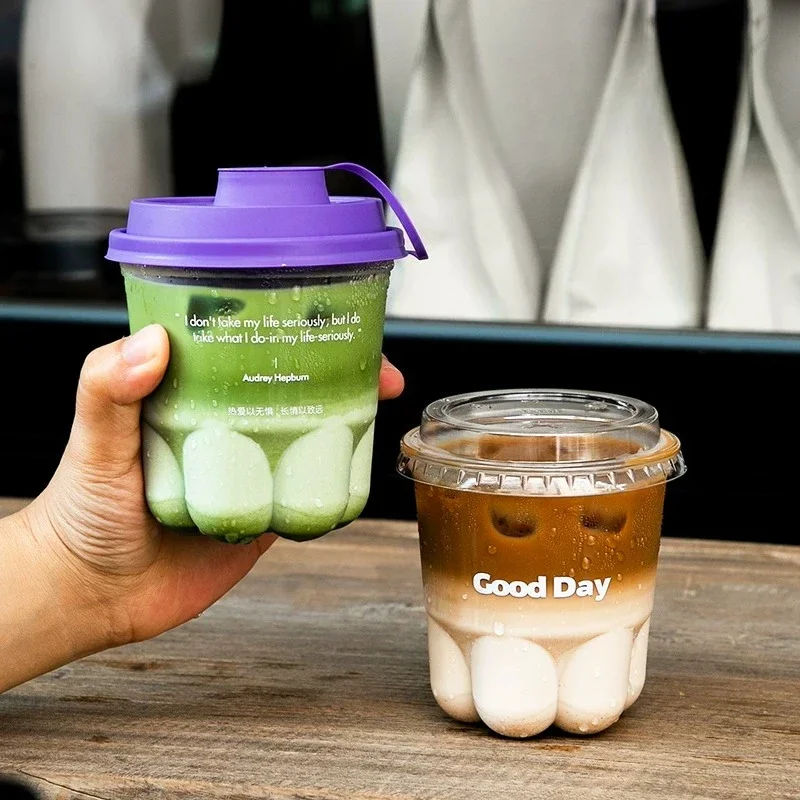50 Set Cute Cat Paw Style Cold Drink Cup 360/500ml Disposable High Transparency Plastic Container Commercial Creative Coffee Mug