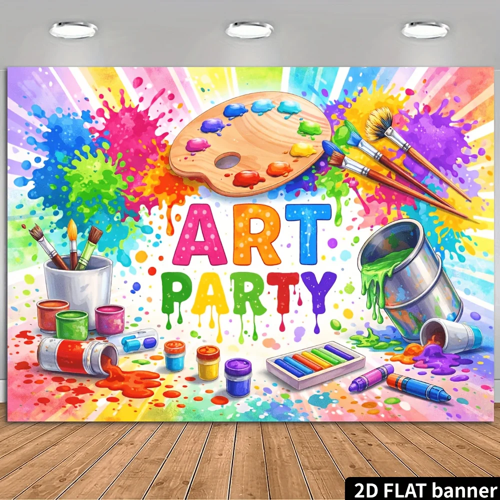 2D-Flugzeugkunst-Partybanner-Hintergrund mit Aquarell-Graffiti-Motiv, begleitet von Farbdosen
