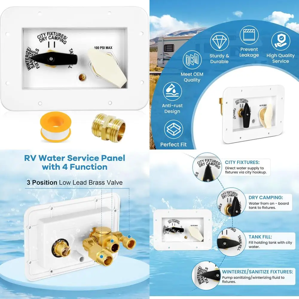 لوحة خدمة المياه Vikua RV مع 4 وظائف 3 أوضاع إمداد صمام نحاسي لتركيبات مدينة الخزان والتخييم الجاف، 3/4 بوصة