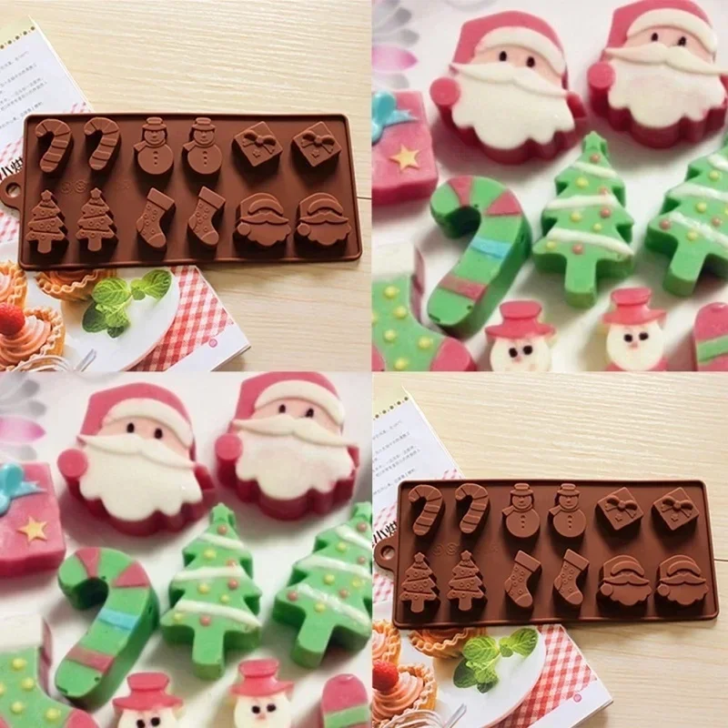 12 Cavity Christmas Chocolate Mold Santa Claus Gift Box Tree Candy Cane Shape DIY Ice Cube Baking Mold