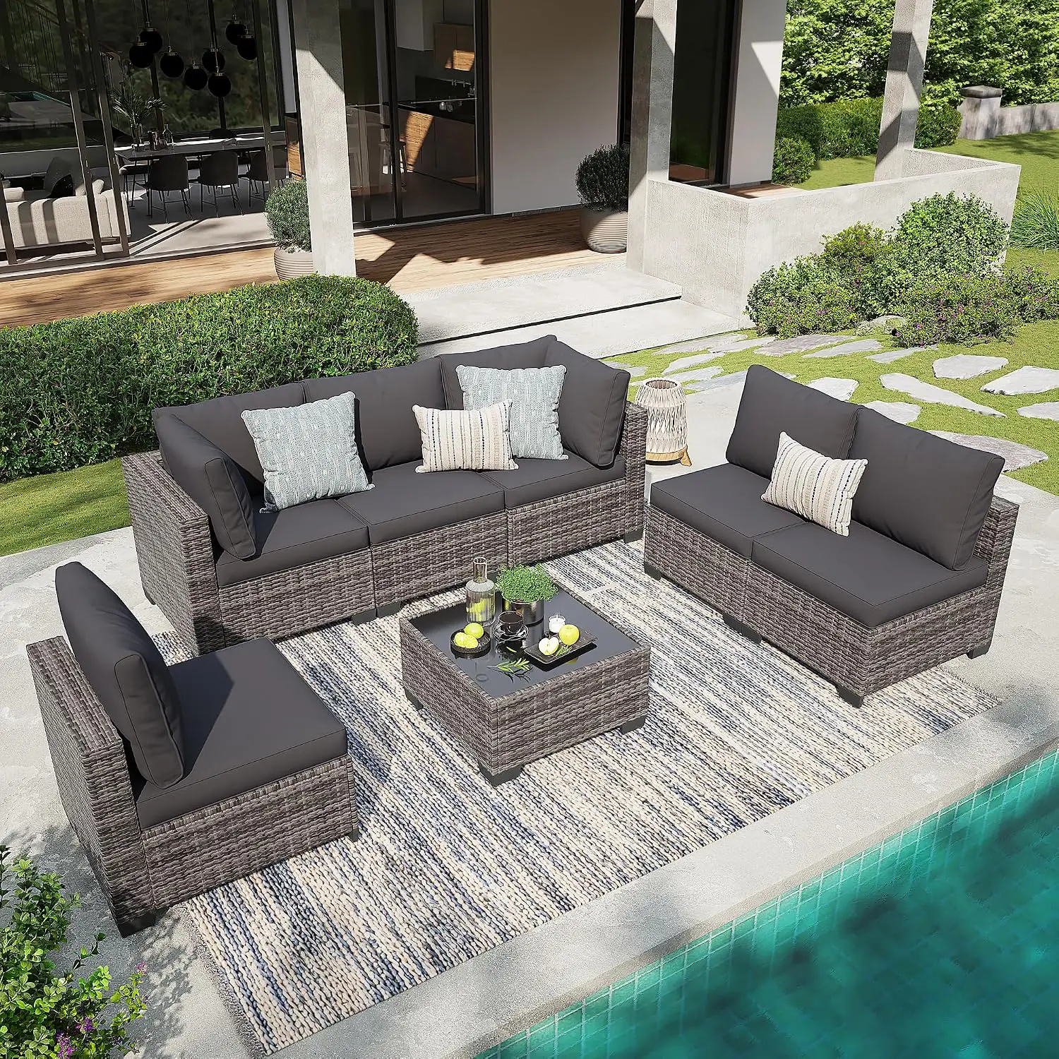 All-Weather Outdoor Patio Sectional Sofa Set 7-Seater Modular Garden Furniture, Customized