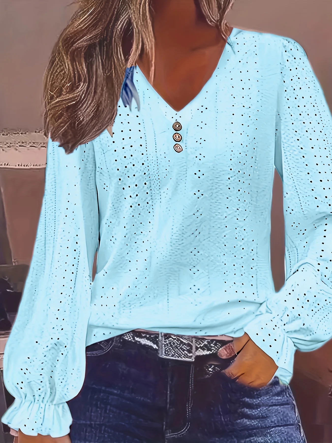 Plus Size Eyelet Button Decor T-Shirt Casual V Neck Top z długim rękawem na wiosnę i jesień Odzież damska Plus Size
