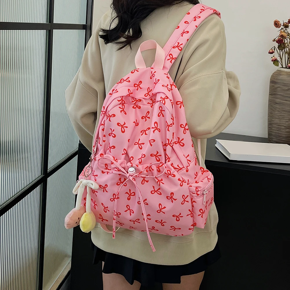 

Bow Print Backpack for Women Fashion School Bag Nylon Multi Pocklets Shoulder Bag Multifunctional Rucksack Daypack With Pendant