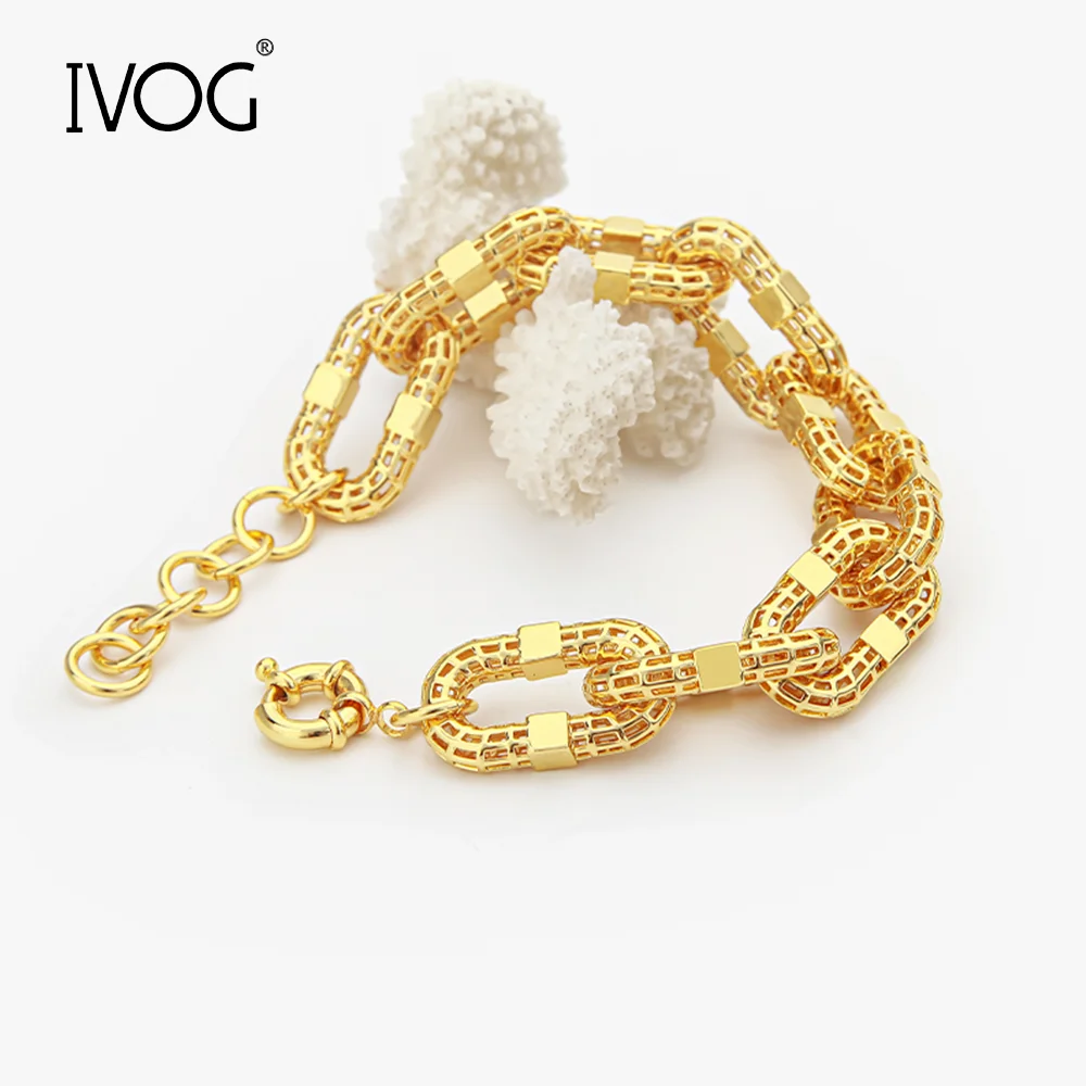 IVOG Hollow Paperclip Brass Bracelet Women Gold Tone Chunky Link Adjustable Chain Statement Jewelry for Daily Party Occasions
