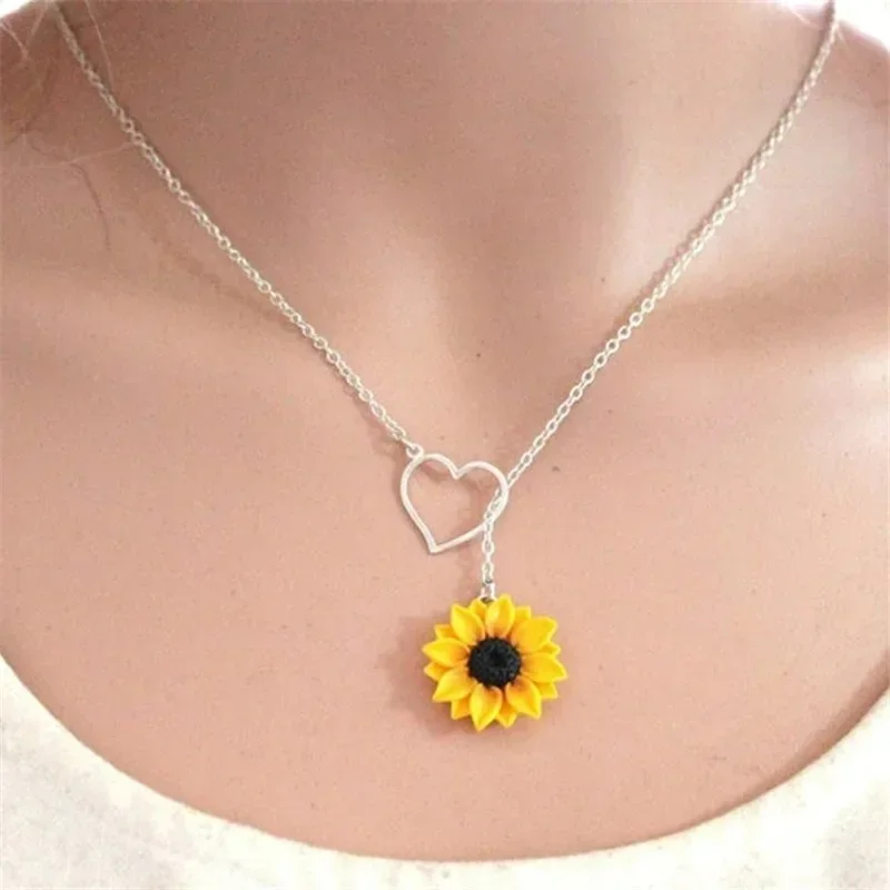 Daisy Fashion Simple Yellow Sunflower Heart Lariat Necklace Women Infinity Charm Bridal Flower Sunflower Bridesmaid Necklace