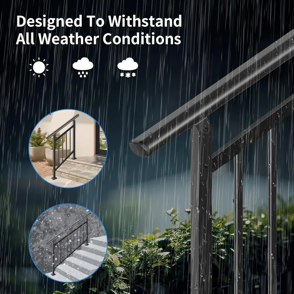 ترقية مجموعة درابزين الدرج الخارجية - درابزين قابل للتعديل بأربعة خطوات، سهل التركيب بنفسك، حديد أسود، متانة تدوم طويلاً #4