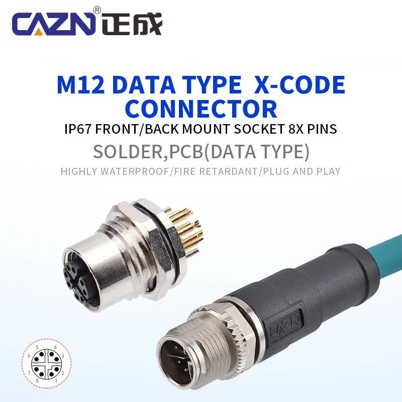 M12 Front/Back Mounted Female Metal Socket 8 Pins X-Coded Lock Screw M16*1.5 Solder/PCB Receptacle for Electronic Components