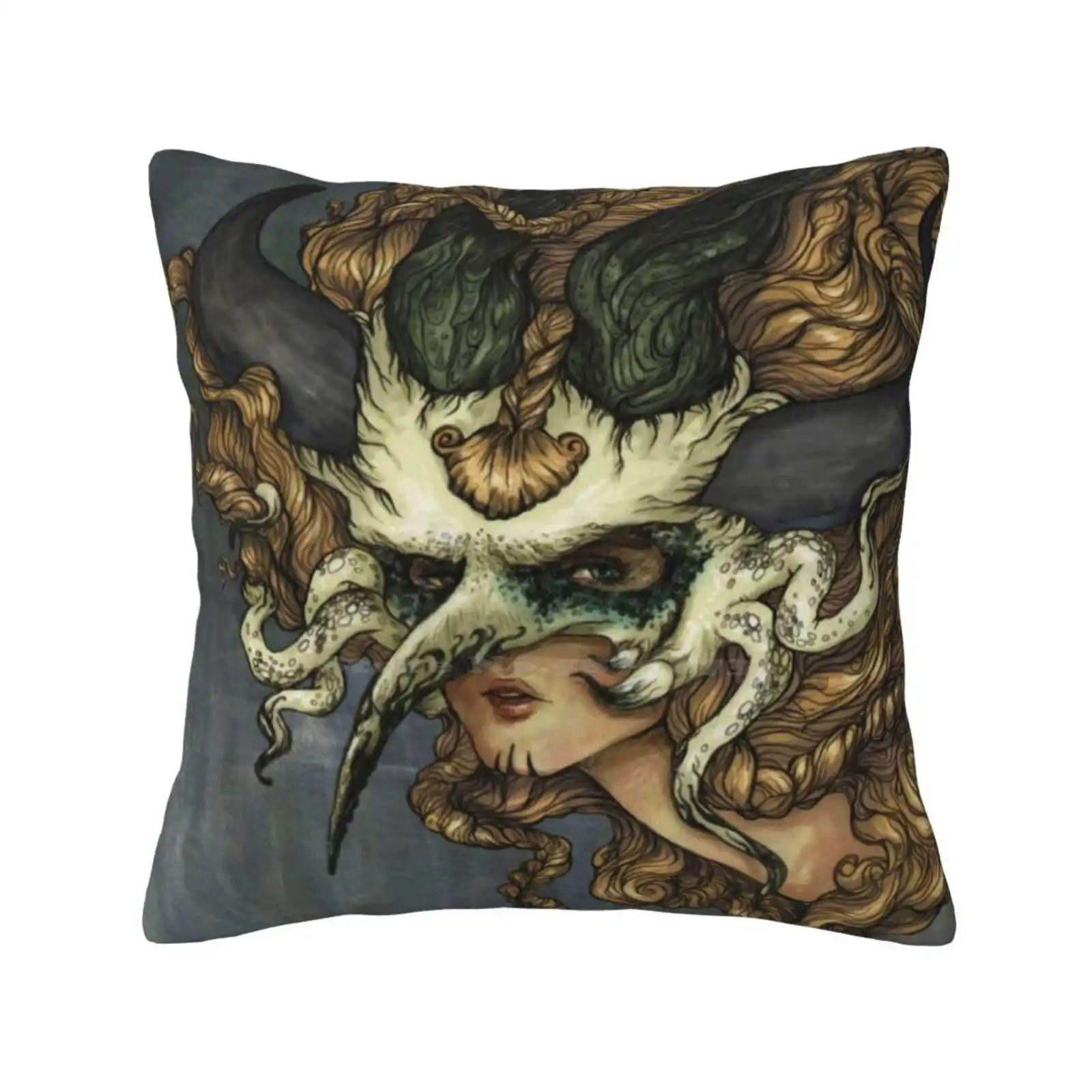 Masquerade Throw Cushion Pillow Cover Woman Lady Female Feminine Masquerade Horns Hair Hide Face Character Fantasy Costume