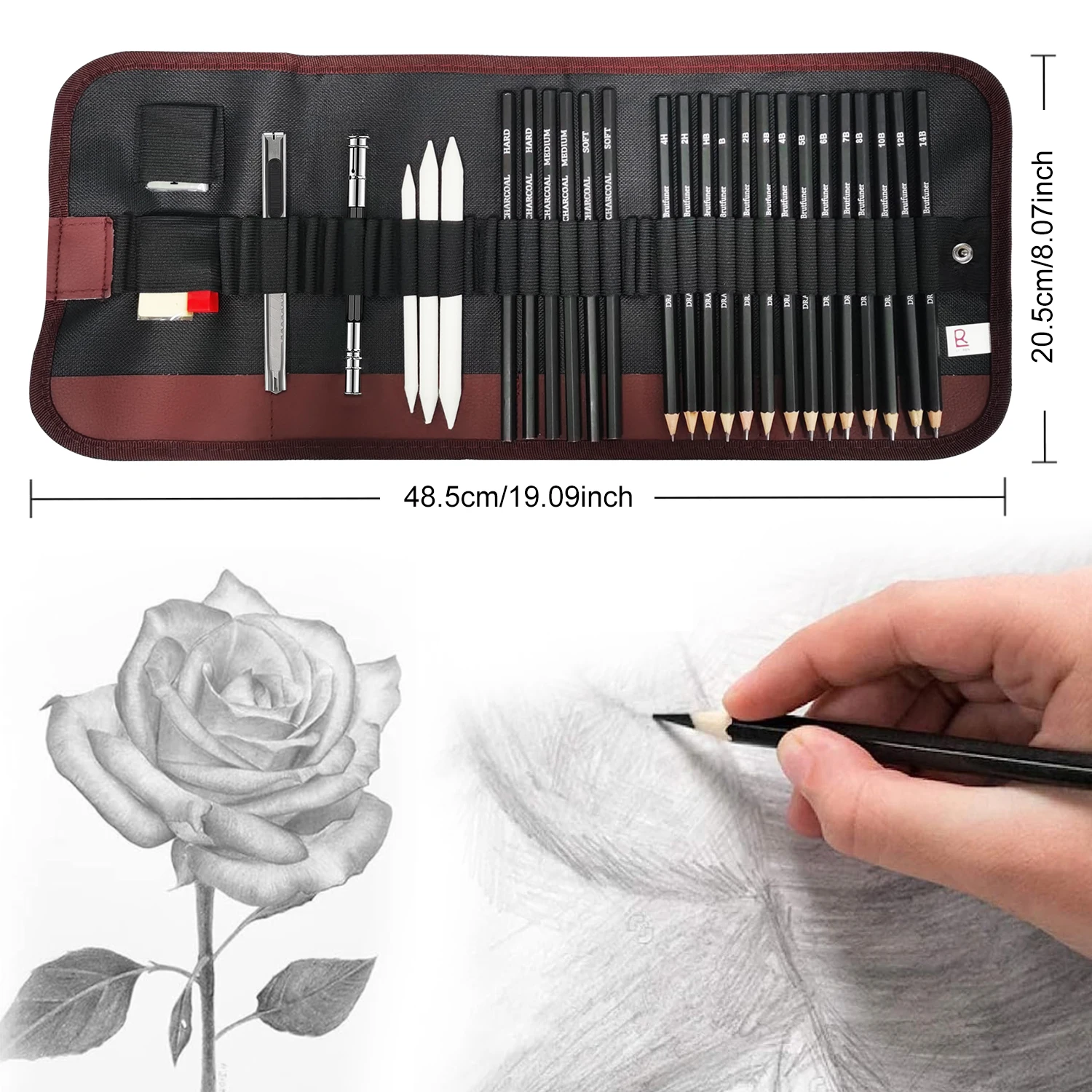 29Pcs Drawing Kit Sketching Pencils Set,Portable Pen Curtain-Charcoal Pencils, Sketch Pencils, Charcoal Stick,Sharpener,Eraser