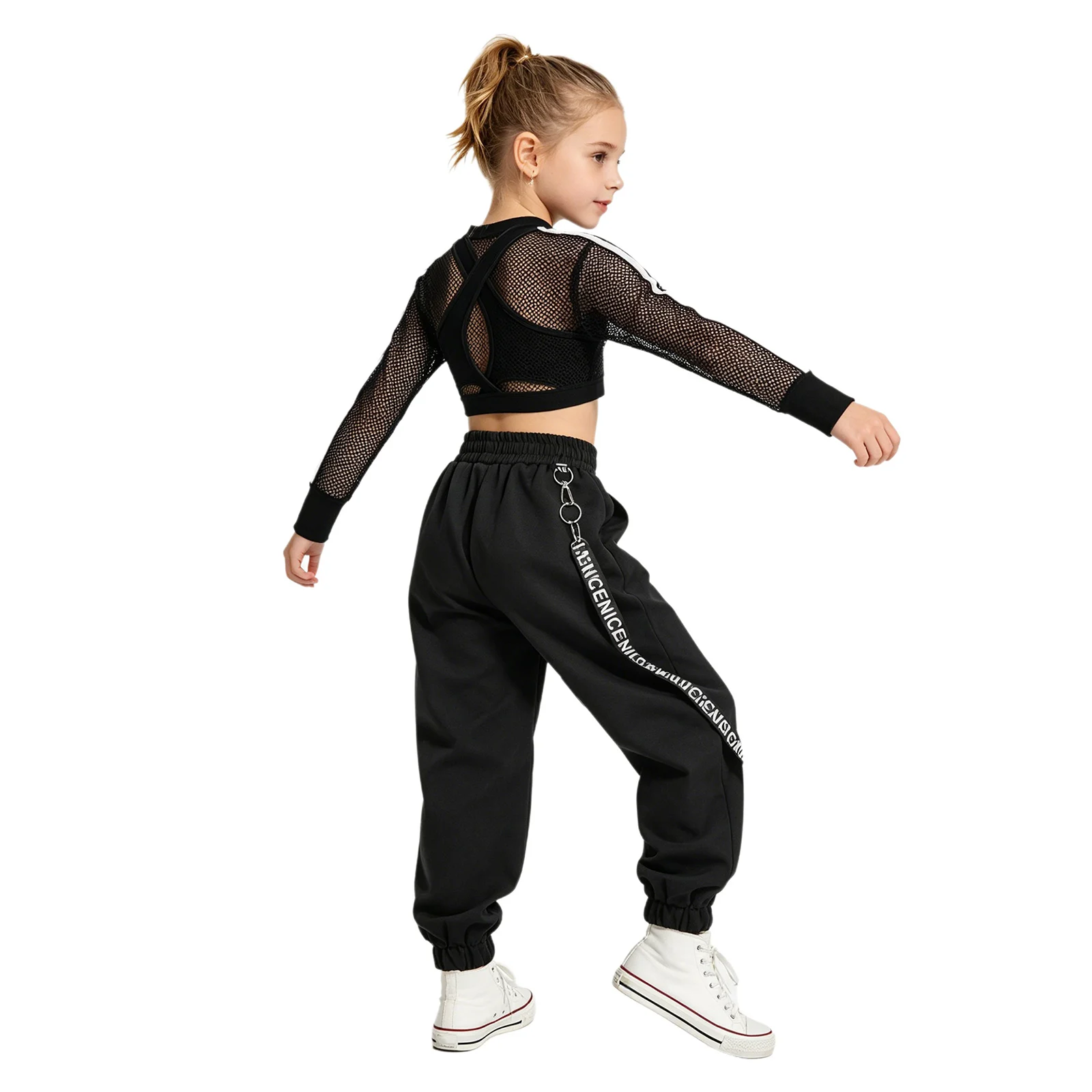 Kinder Mädchen Hip-Hop Jazz Tanz Performance Outfits: Rückenfreies Top mit Cargo-Hose und Mesh Langarm Crop Top Tanzkleidung – Detail 28