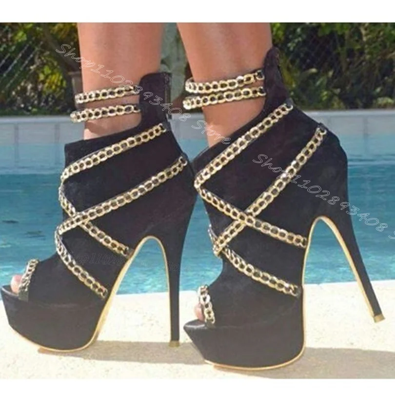 

Black Flock Platform Chain Sandals Peep Toe Back Zipper Stiletto Summer Fashion Party Women Sandals 2024 Zapatos Para Mujere