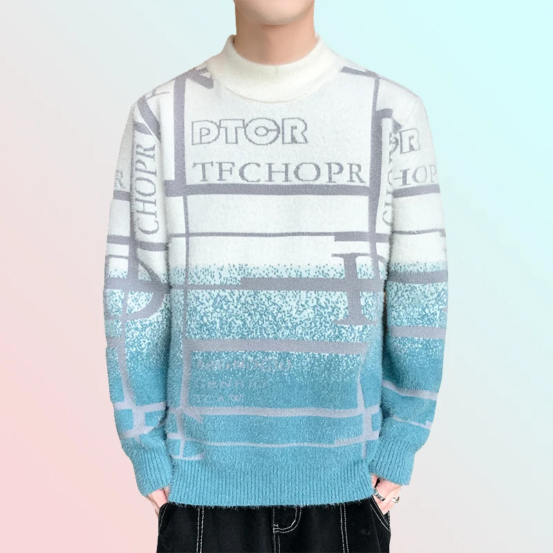 

New Winter Men's Half Turtleneck Sweater Comfortable Fashion Casual Slim Fit Pattern Long Sleeve Knit Top (4 Colors Available)