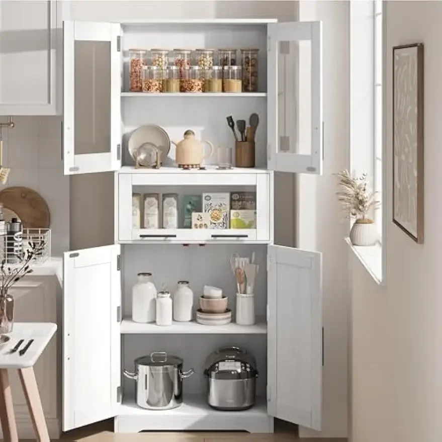 Tall Bathroom Cabinet, Kitchen Pantry Cabinet with Glass Doors and Adjustable Shelf, Freestanding Floor Storage Cabin