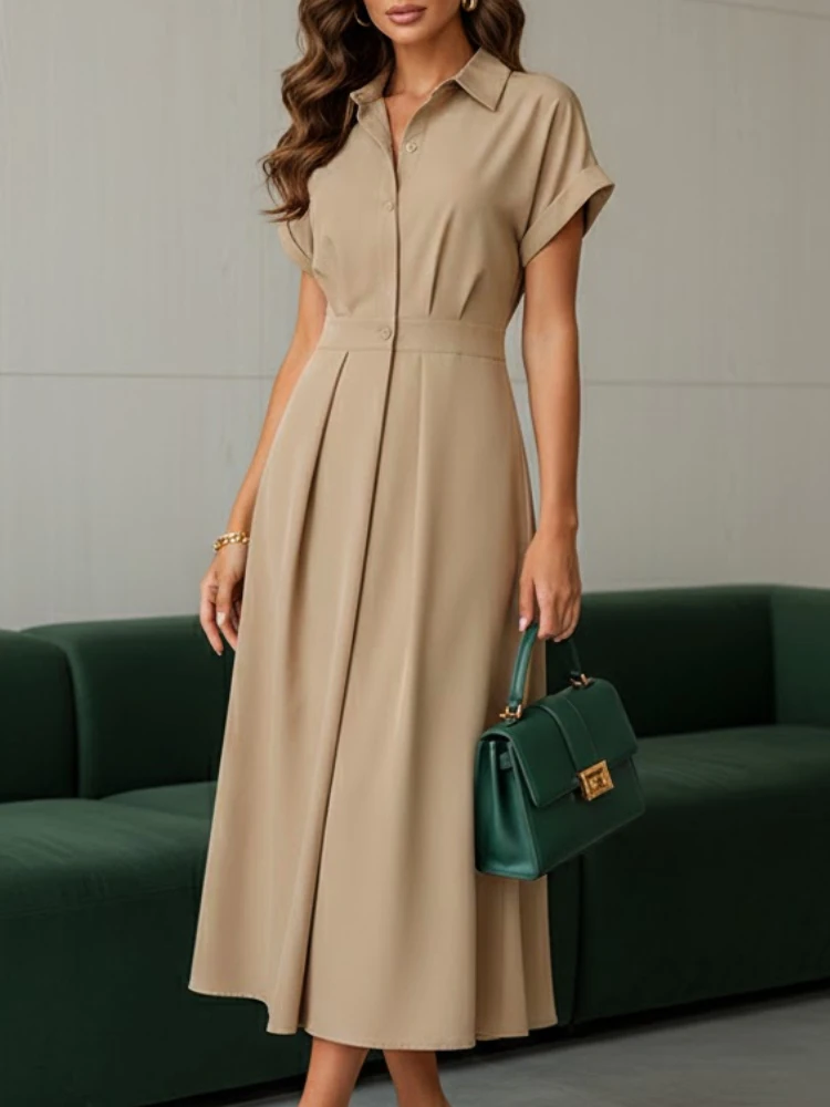 

ZANZEA Elegant Chic Women Long Dresses Casual Short Sleeve Collared High Waisted Casual & Day Shirt Dress Solid Color S-3XL
