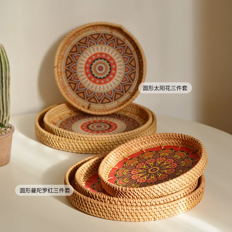 Handwoven Rattan Storage Tray Without Handle Round Wicker Basket Bread Food Plate Fruit Cake Platter Dinner Serving Tray