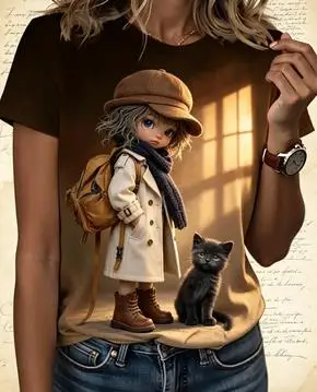 Women Doll Girl Saxophone Black Cat Stage Night Scene Print T‑Shirt Short Sleeve Crew Neck Casual Loose Summer Tops