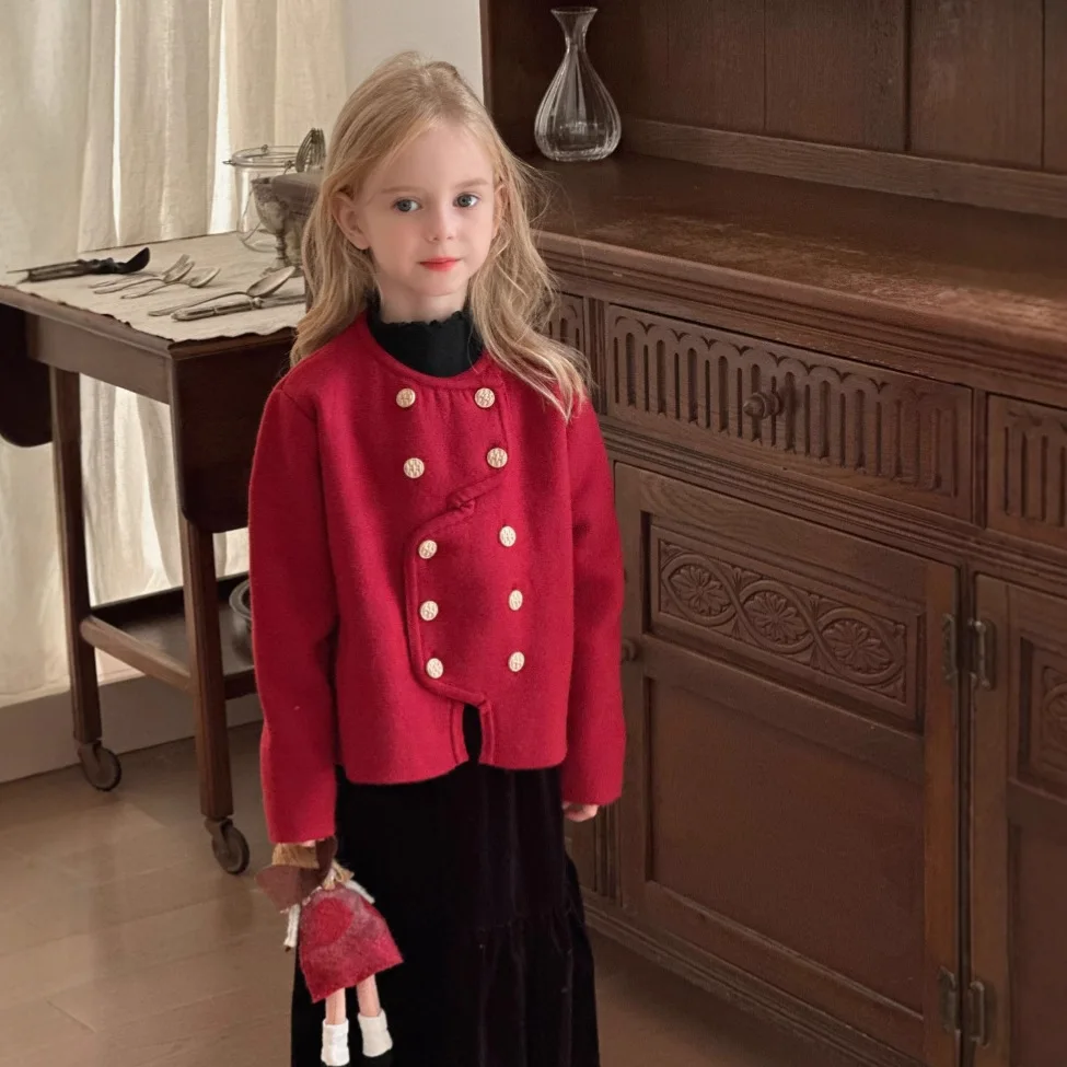 Baby Girl Temperament Coat 2025 Winter New Style Button Red Fashion and Beautiful New Year Outwear Kids Clothes