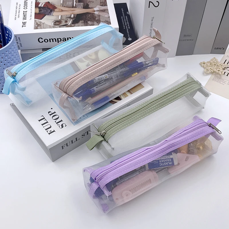 Large Capacity Transparent Mesh Pen Pouch Simple Multi-Purpose Student Stationery Bag Special Pencil Bag for Office Supplies