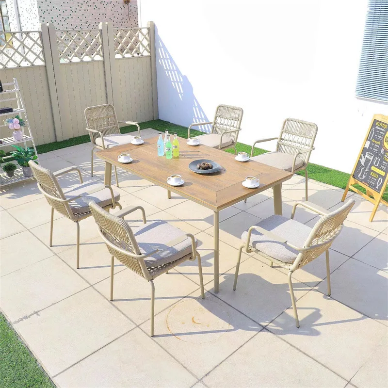

Outdoor table and chair combination villa courtyard plastic wood long dining table garden open-air outdoor scenic spot aluminum