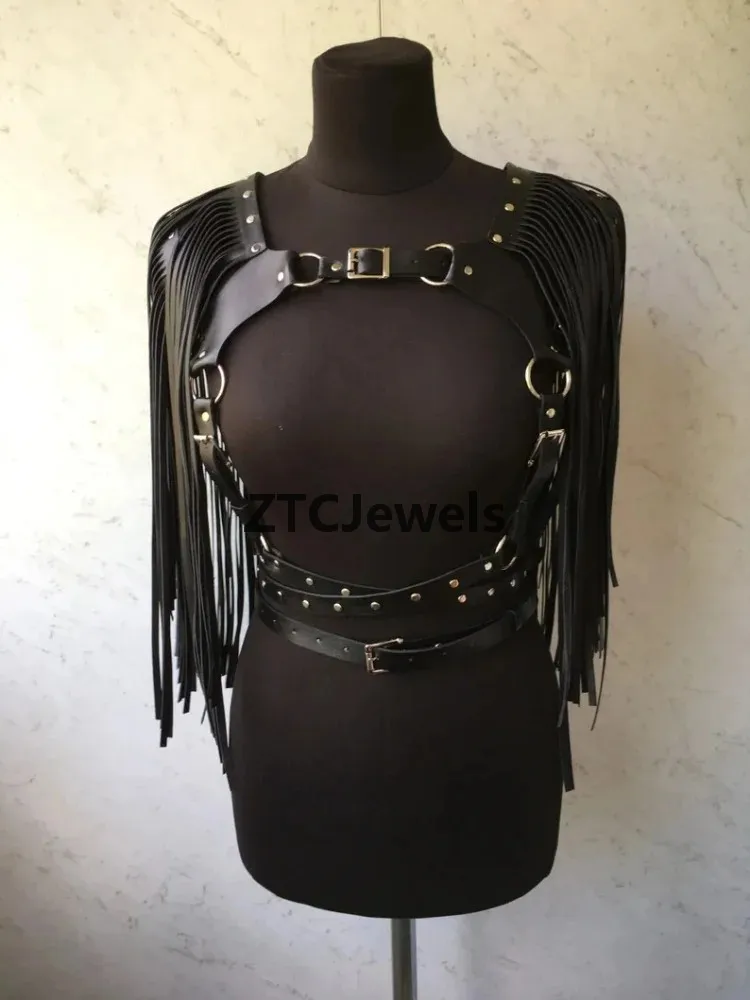 

Black Leather Cosplay Costume Multi Strap Tassel Shawl for Women Nightclub Stage Performance Fashion Accessory