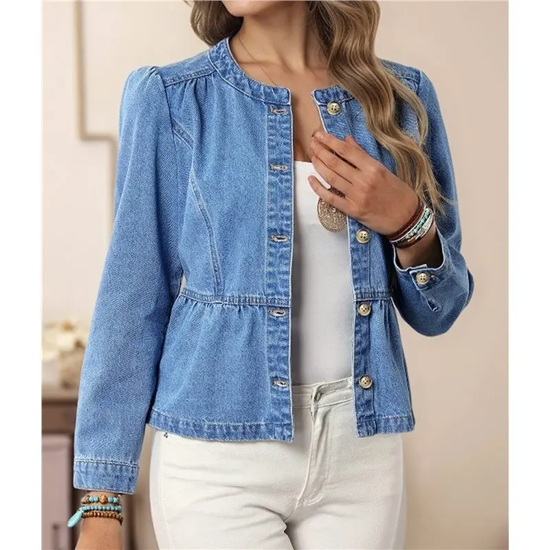 【KITS】Women's Peplum Denim Jackets Collarless Round Neck Button Down Cropped Ruffle Hem Jacket