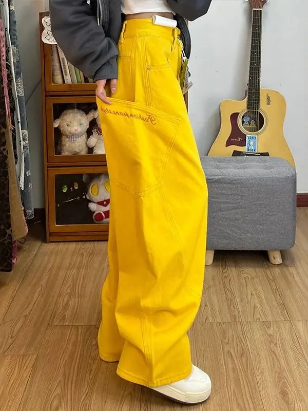 

Retro American Yellow Embroidery Knife Jeans Men Women Summer New Design Faion Workwear Straight Leg Casual Pants