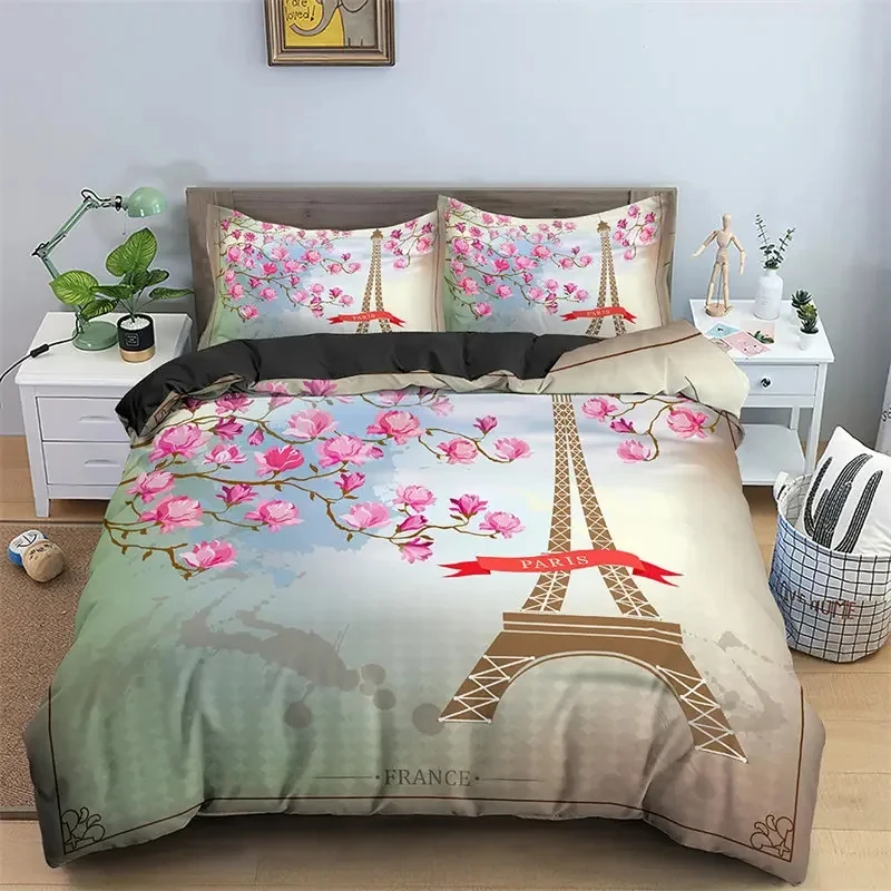 Paris Eiffel Tower Twin King Duvet Cover Romantic Theme Sweet Couple Bedding Set Microfiber Flower Comforter Cover For Girl Teen