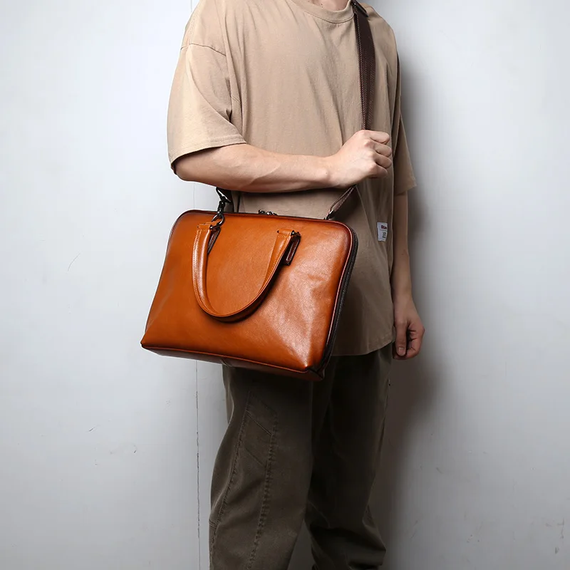 The New First-Layer Leather Men's Handbag Retro Casual Business Leather Briefcase Simple Shoulder Cross-Body Trend Men's Bag