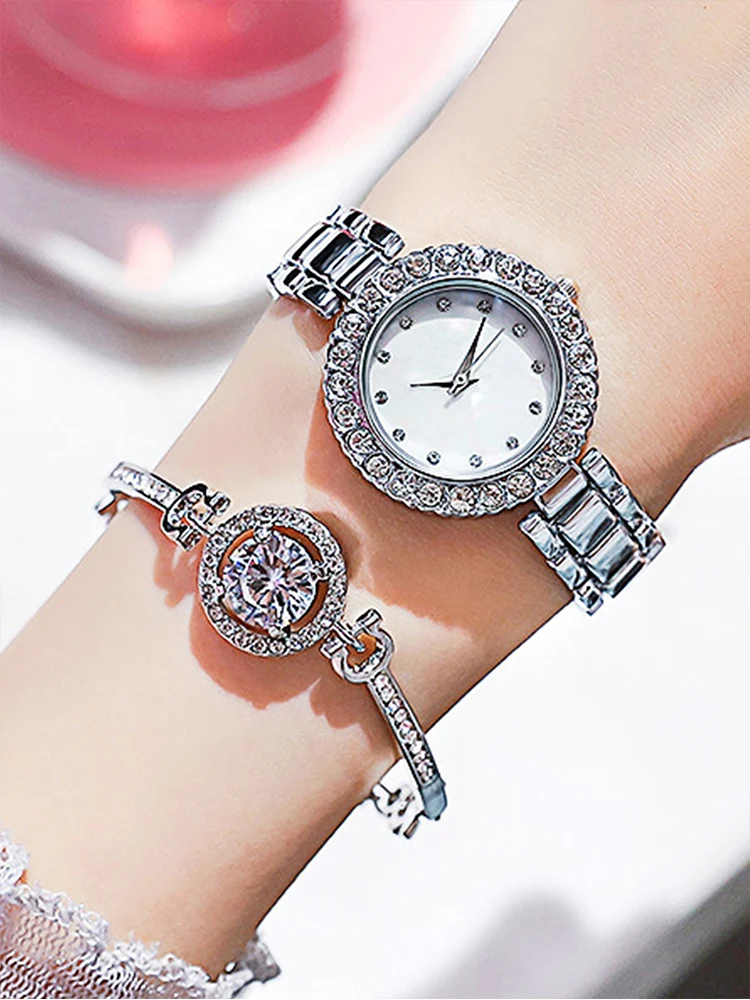 2PCs Fashion Versatile Diamond Inlaid Women\'s Rose Gold Steel Band Quartz Watch with Bracelet Set