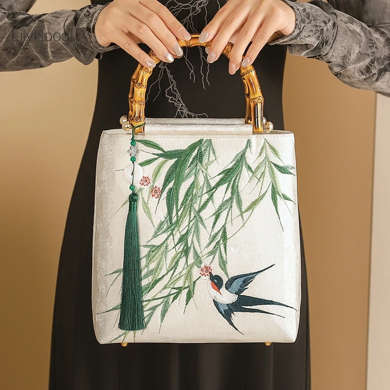 Retro Chic Floral Embroidery Fringes Fabric Top-handle Tote Bag Women Vintage Pearl Bamboo Handle Evening Cottagecore Handbag