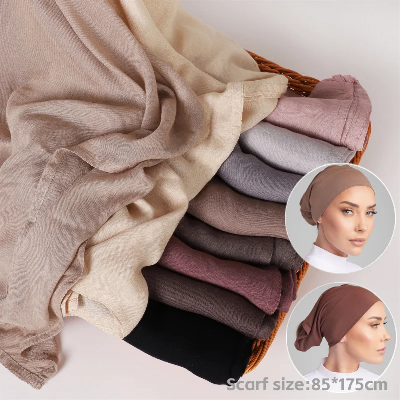 RayonWide Brim Large Size Thin Rayon Scarf plus the Same Color Elastic Large Smoke Pipe Cap Set of Scarf85*175Spot Goods