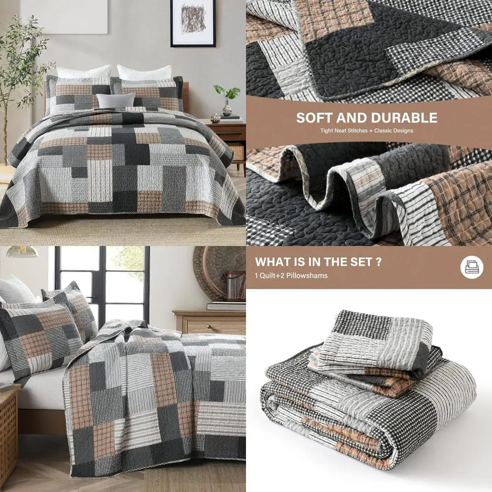 

Cotton Farmhouse Patchwork Quilt Set, 3-Piece, Queen Size, Reversible Plaid Design in Grey, Black, Brown, and White for All Seas