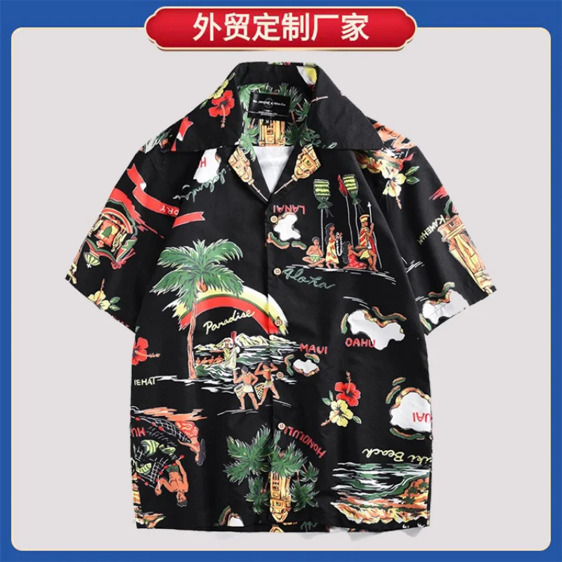 Summer New Men's Casual Shirt Loose Fit Digital Print Turn-down Collar Hawaiian Short Sleeve Shirt Trendy