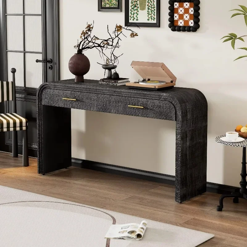 Unique retro silhouette console table with open two top drawers for entry to the dining room and living room
