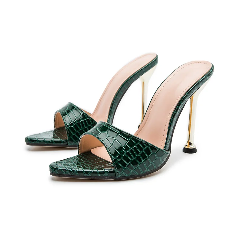 European and American Foreign Trade New Super High Heel Metal Heel Pointed Fish Beak Snake Print Women's Slippers