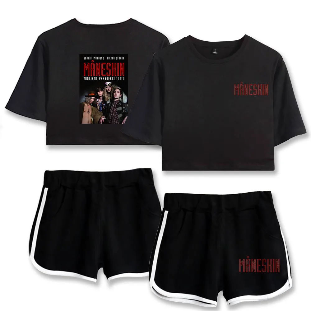 Cartoon Novelty Print Maneskin Print Short Sleeve Cool Sexy Shorts+lovely T-shirts Dew navel Pretty Girl suits Two Piece Set