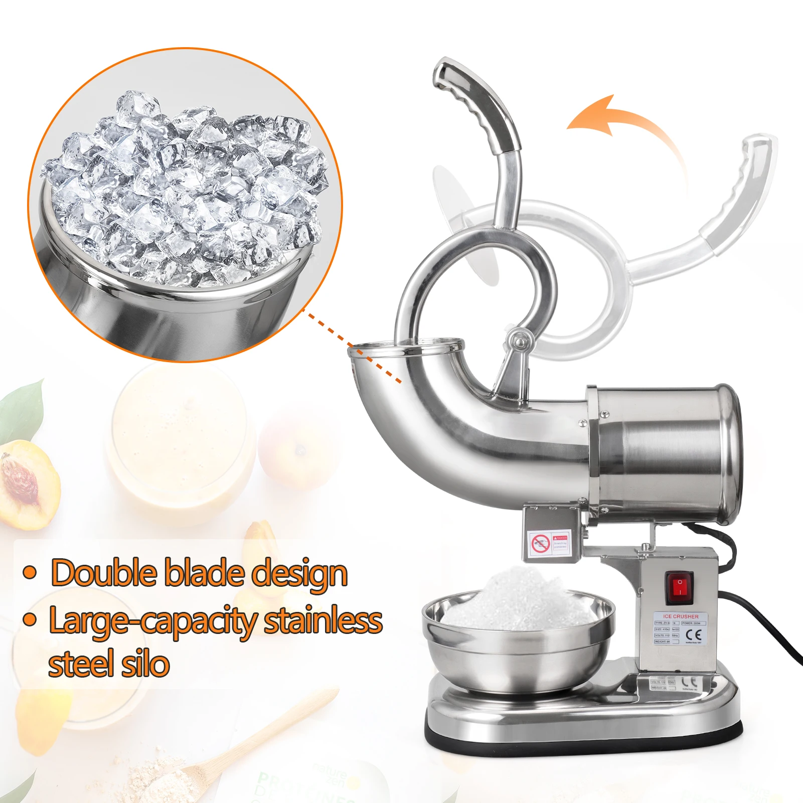 110V/220VAutomatic Sand Ice Machine Commercial High-power Electric Ice Crusher Stainless Steel Double-knife Ice Machine
