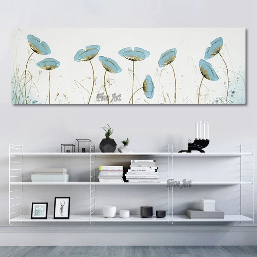 100% Handpainted Blue Flowers Painting Canvas High Quality Wall Picture Modern Art Home Decoration Piece Custom Artwork Unframed