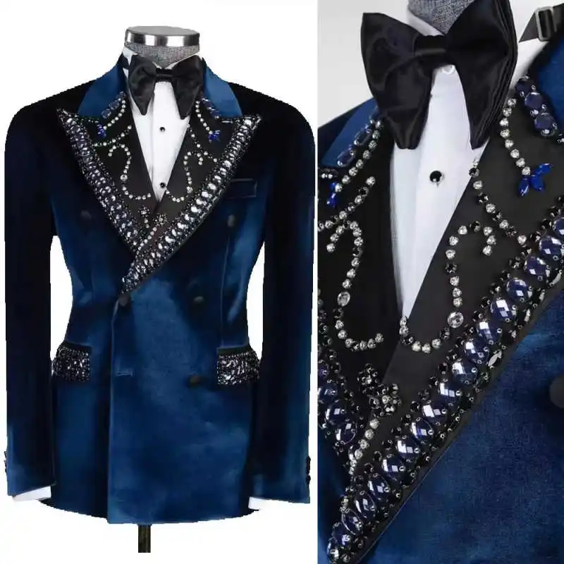 

Elegant Men Suits 2 Pieces Jacket Pants Peaked Lapel Crystals Groom Wedding Tuxedos Formal Occasion Evening Party Customized