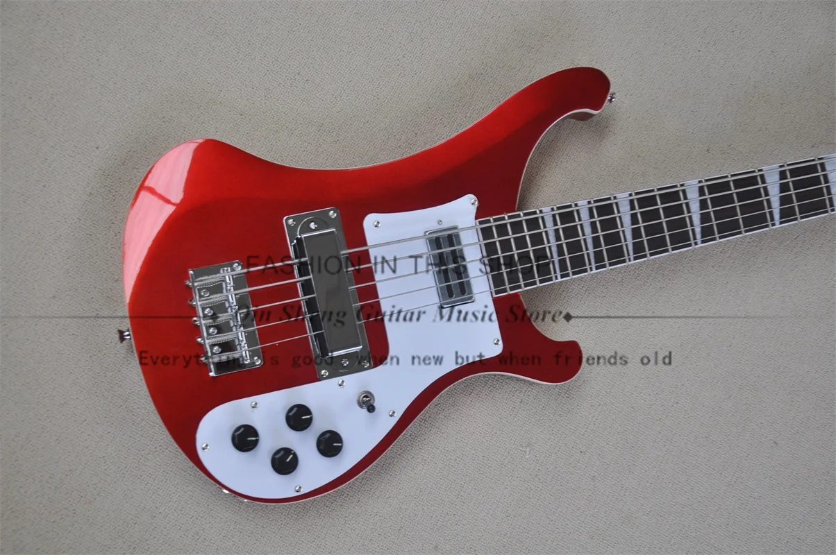 5 Strings Metal Red Bass Guitar Maple neck Set In Basswood Body Fixed Bridge White Guard 4003 Bass Chrome Tuners