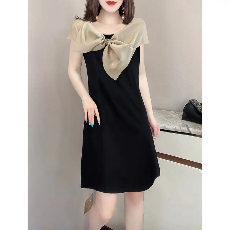 Lato elegancka moda urocza sukienka kobiety z krótkim rękawem łuk szwy kontrast kolor prosto Vestidos De Fiesta Chic szata Femme