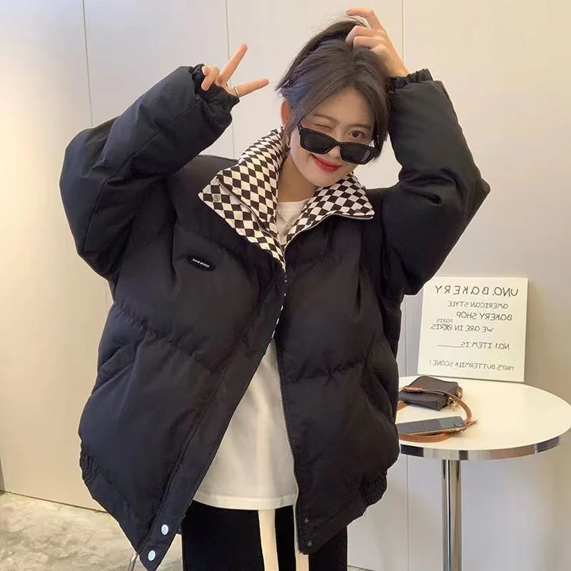 ฤดูหนาวใหม่ผู้หญิงหนาการออกแบบSense Checkerboardเย็บเสื้อร้อนขายStand Collar Streetwear Chic Outwear