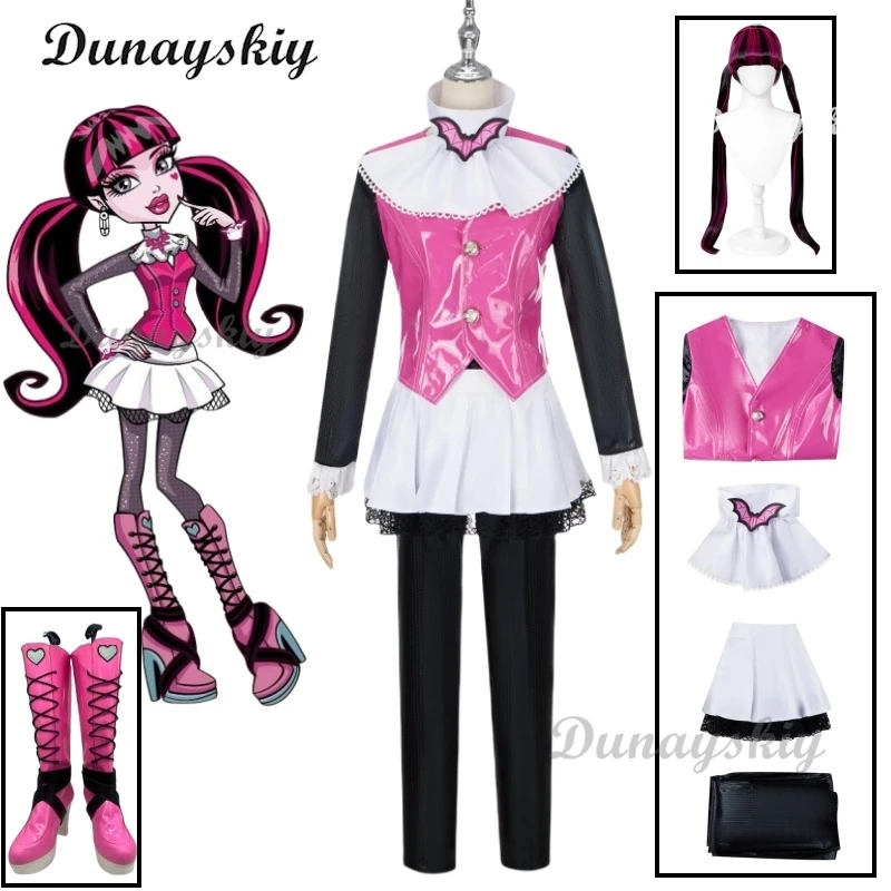 Monster Cos High: Draculaura Cosplay Costume Wig Pink Suit Vampiree Draculaura Wig Anime Female Cosplay Halloween Costumes Shoes