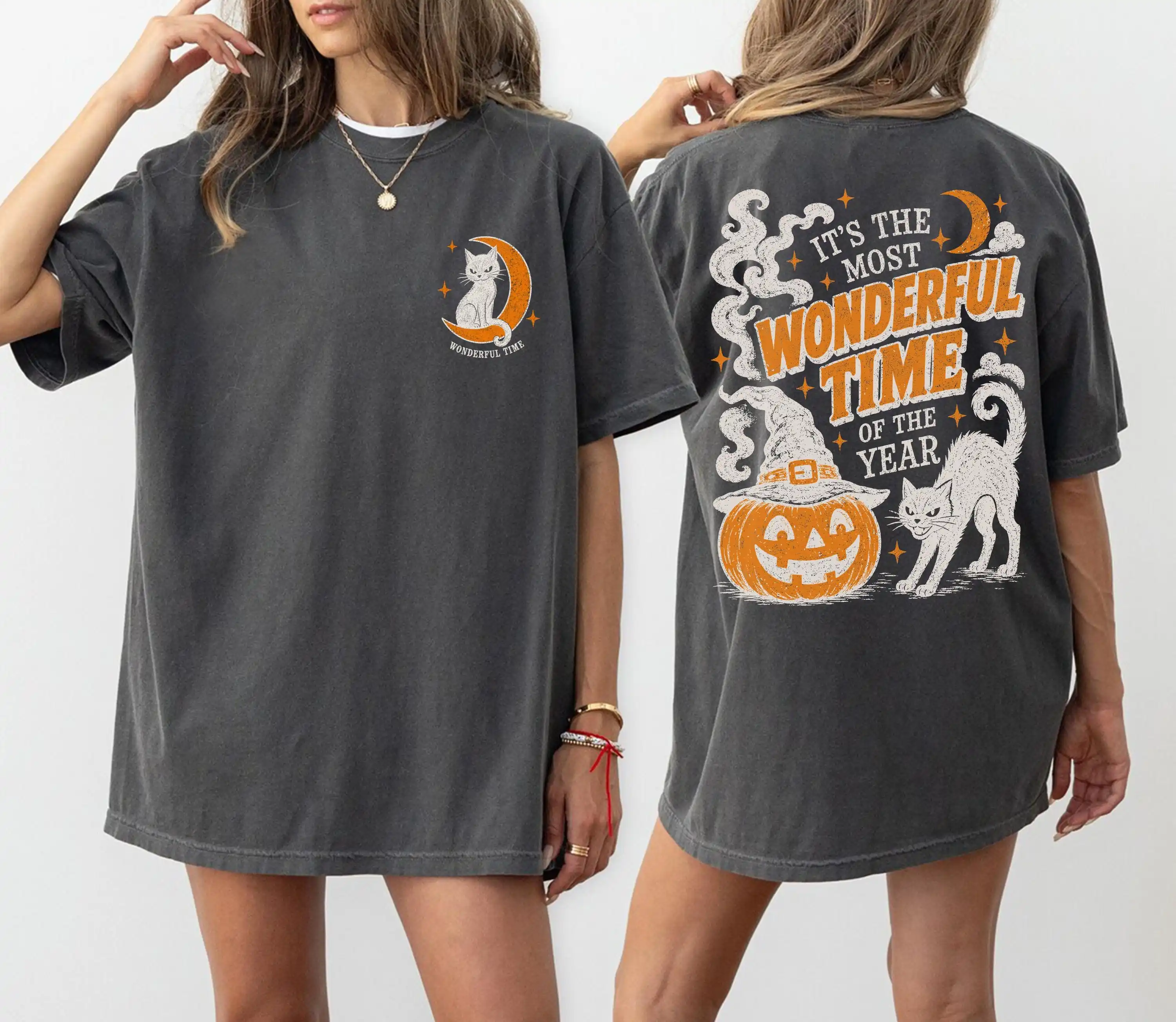 Vintage Halloween Shirt, Retro Black Cat Pumpkin Tee, Most Wonderful Time of The Year Shirt, Witchy Fall Tee, Front and Back