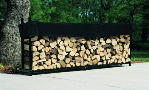 10 Foot Black Firewood Log Rack With Optional Seasoning Cover - Made In The USA  - Steel Outdoor Rack with Black