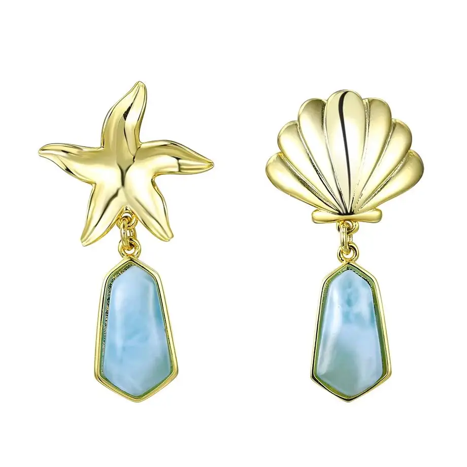 

Larimar Drop Earrings with Starfish & Shell - Rhodium Plated Copper Fashion Jewelry, Beach-Inspired Elegant Dangles for Women